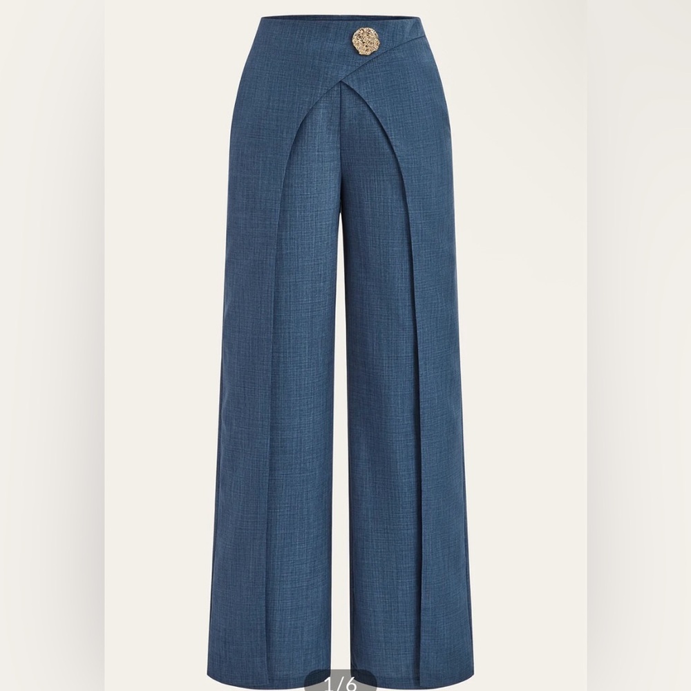 Commense Wide-Leg Draped Front Pants in Slate Blue